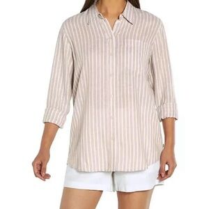 Gap Women XL Linen Blend Button Down Shirt Beige Stripe Long Sleeve NWT